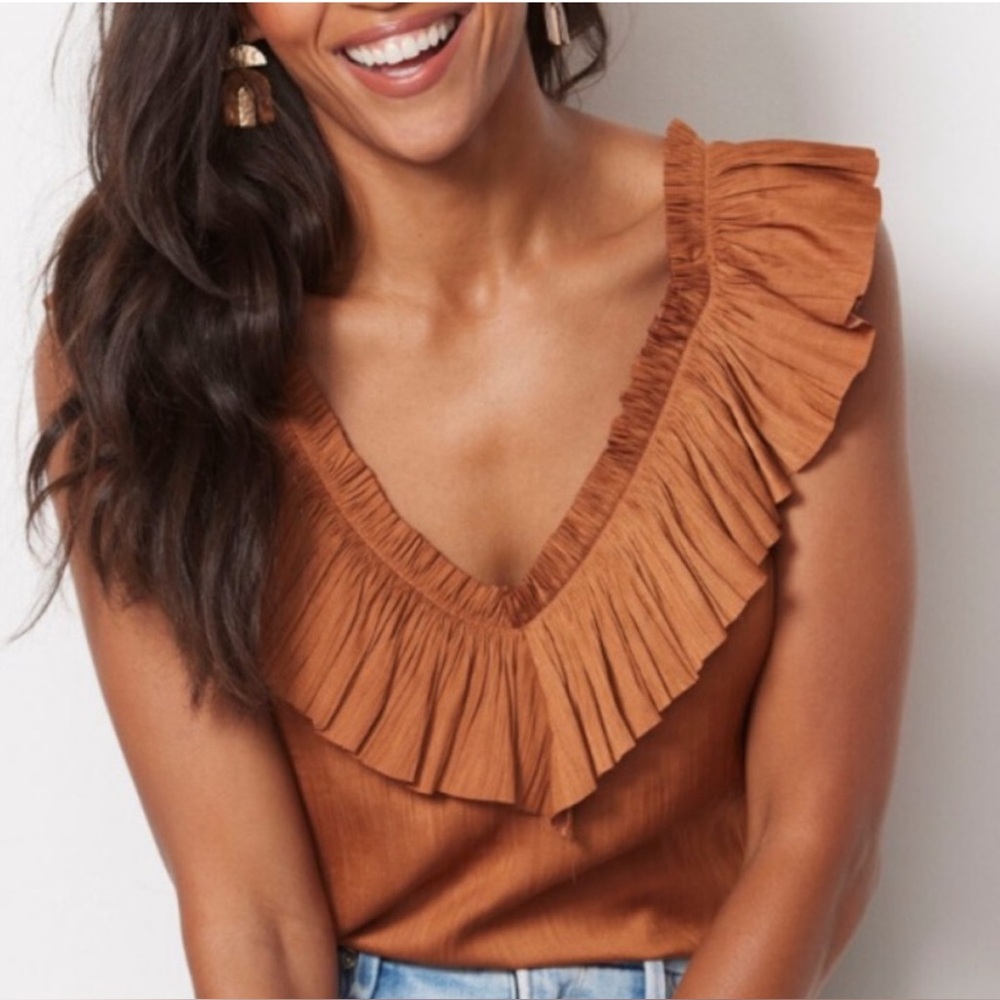 Evereve Dahlia Ruffle Satin Blouse Tank in Rust S